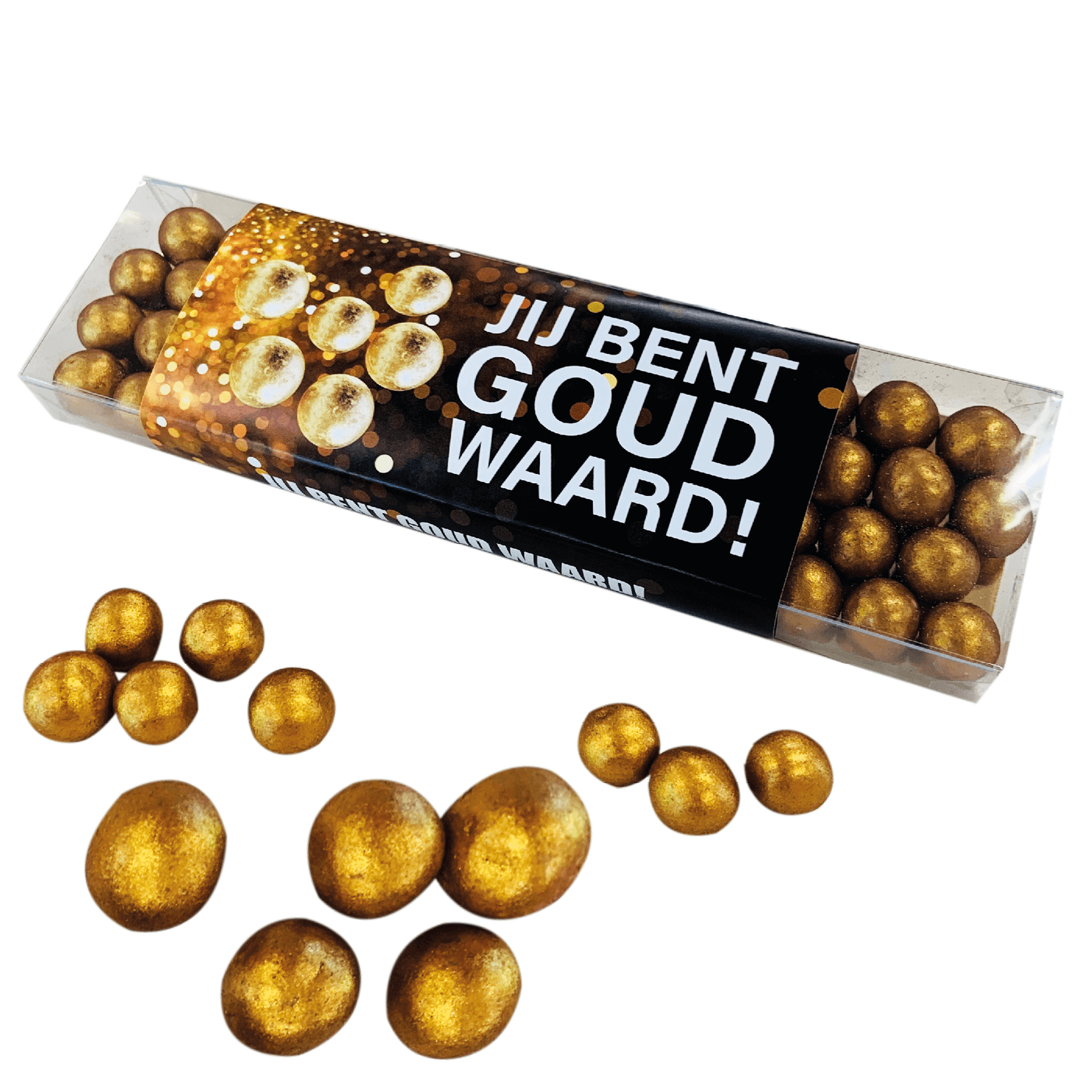 Geschenkdoosje GROOT met gouden chocolade crispy parels - inclusief banderol